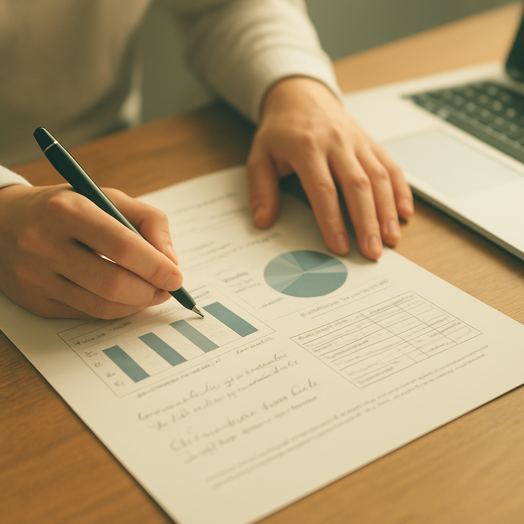 A researcher annotating survey data and charts at a desk